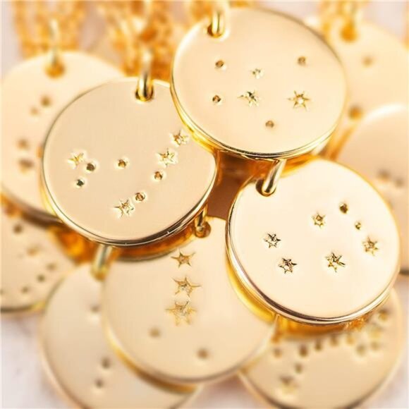 Gold Necklace Coin Disc Zodiac 12Constellation Star Connected Engraved Horoscope - Picture 7 of 8